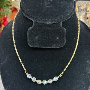 Vintage Aurora Borealis Crystal Necklace On Chain AB Dainty Jewelry Gold Tone